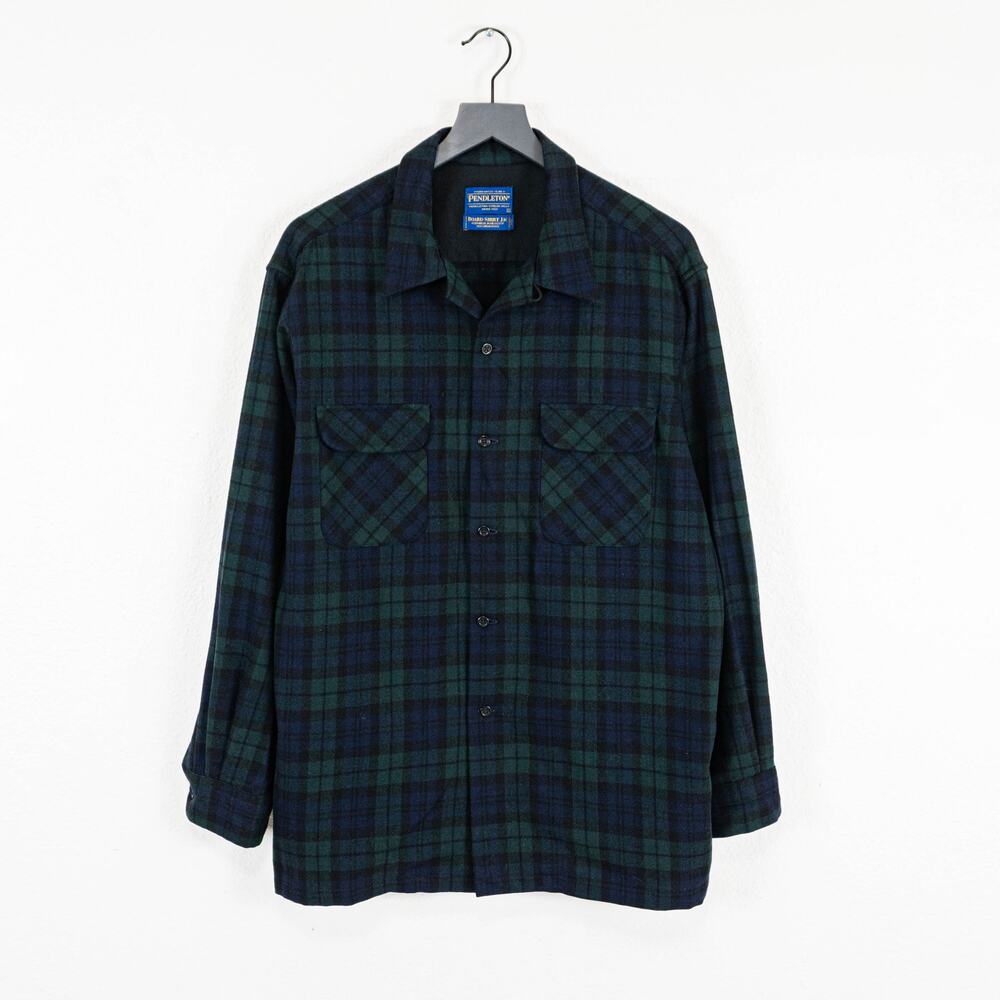 Vtg 90s PENDLETON Board Shirt Jac Blue Green Blackwatch Plaid virgin wool Large